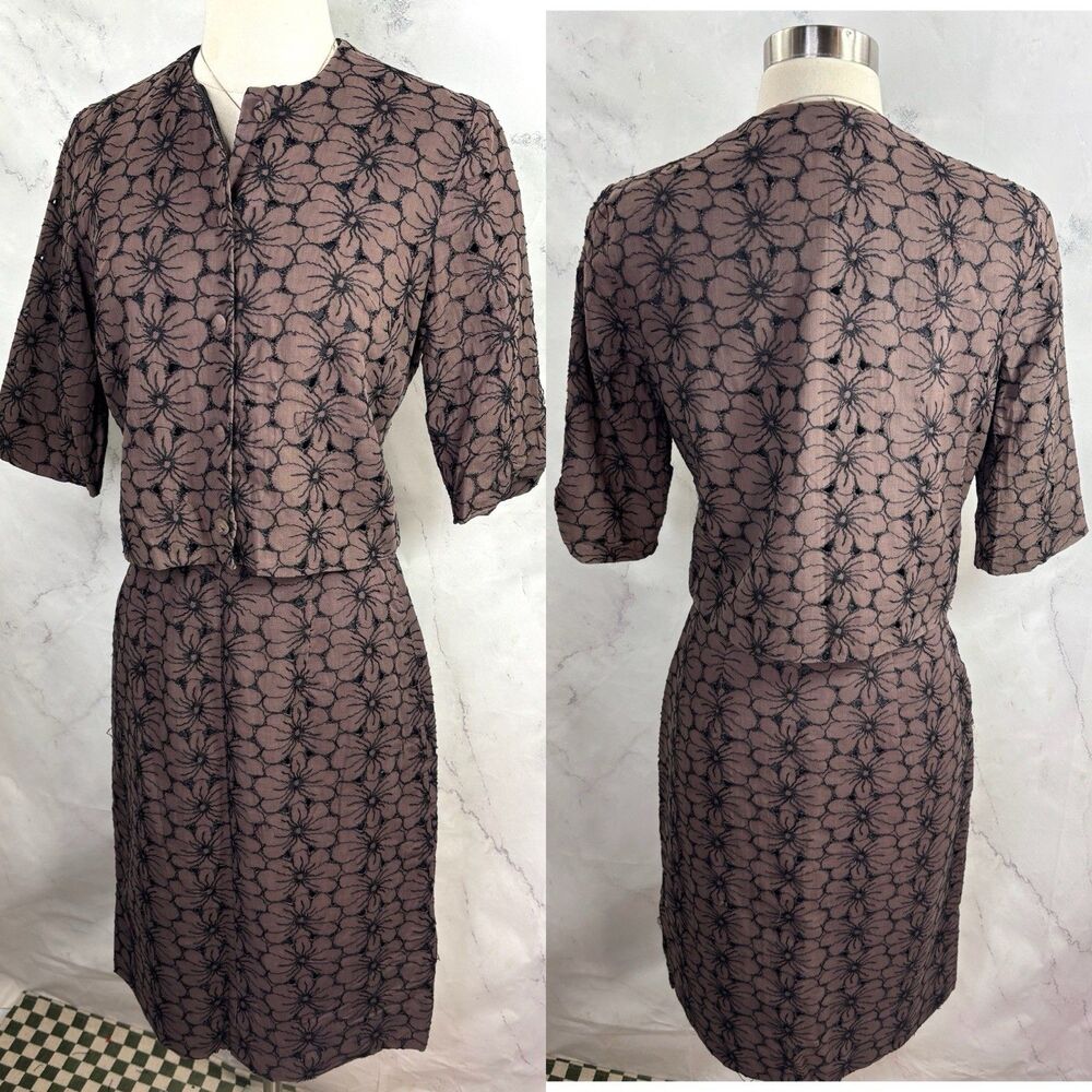 VTG 50s Union Label Floral Skirt Suit Set Brown Black MCM Wiggle Mad Max S 1950s